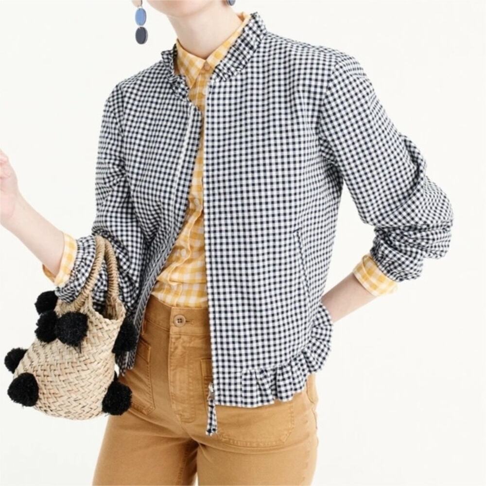 J. CREW Ruffle Neck Full-Zip Gingham Bomber Jacket in Navy Blue/White Size M